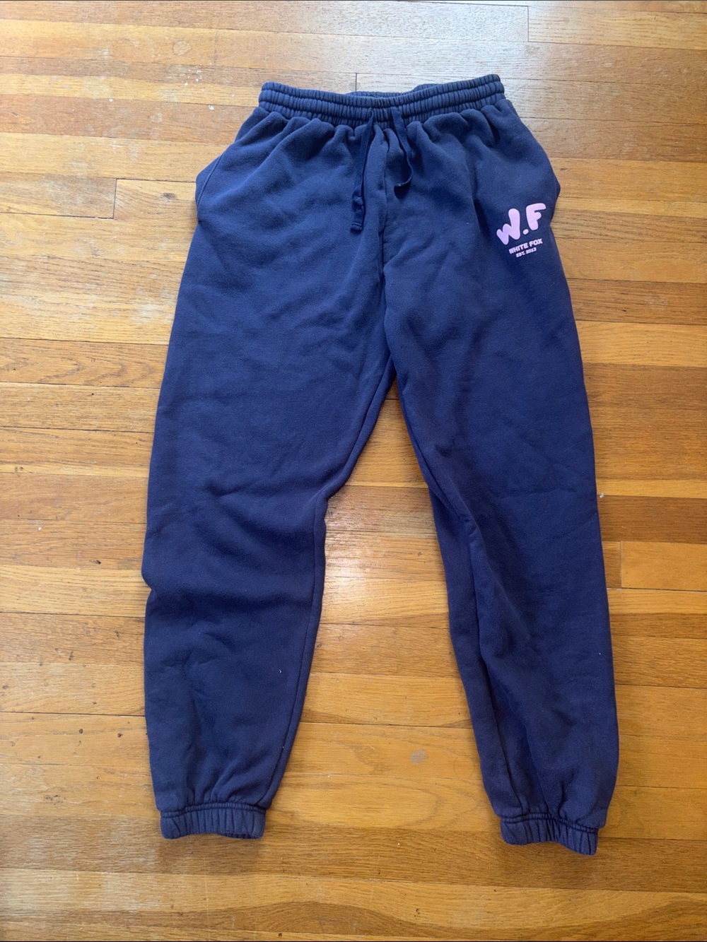 White Fox Boutique Navy Sweatpants with Pink W.F. Logo